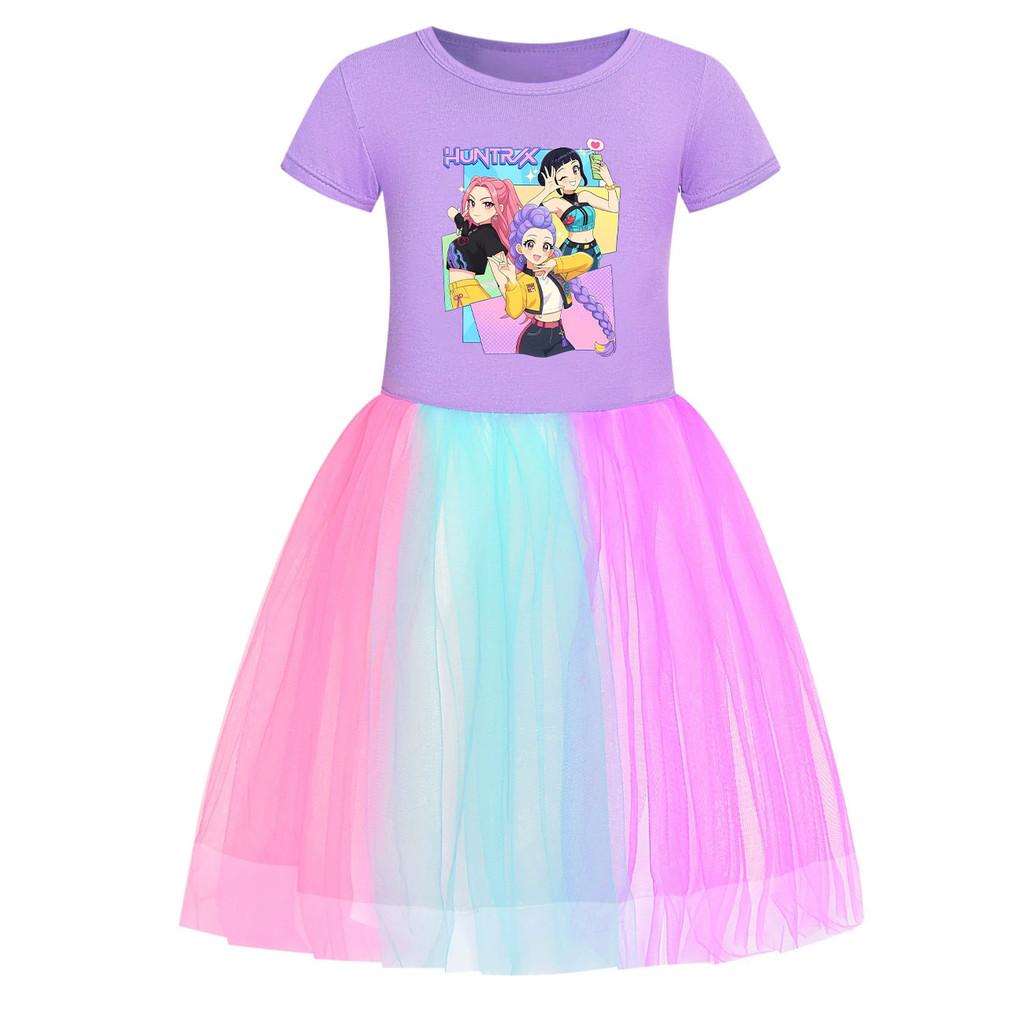 

4178 Colorful Kids Girls Kpop Demon Rumi Zoey Mira Hunters Print Rainbow Dress 150cm фіолетовий