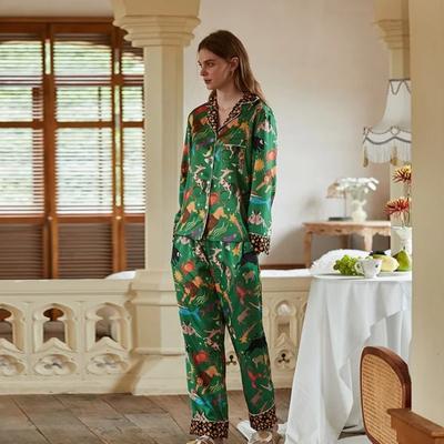 Women's Imitation Silk Pajamas Set Autumn and Winter Plush Long Sleeve Pants Lapel Soft Home Clothes