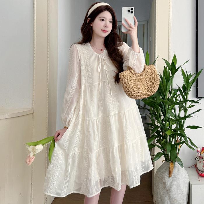 2026 Spring Korean Style Sweet Embroidered Maternity Dress – Fashionable, Loose, and Belly-Covering Skirt L
