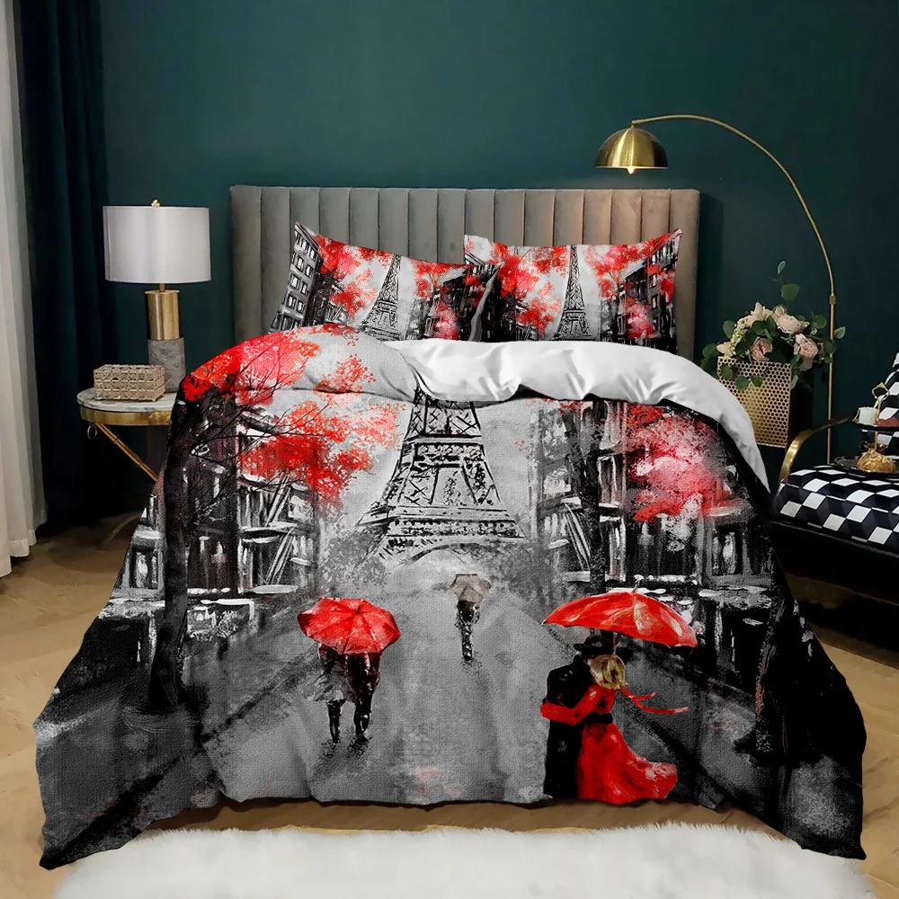 Retro Architektoniczny Poszwa na Kołdrę Kobieta w Czerwonej Sukni Gra na Skrzypcach przy Wieży Eiffla Podwójna Queen King Poliester Poszwa na Kołdrę