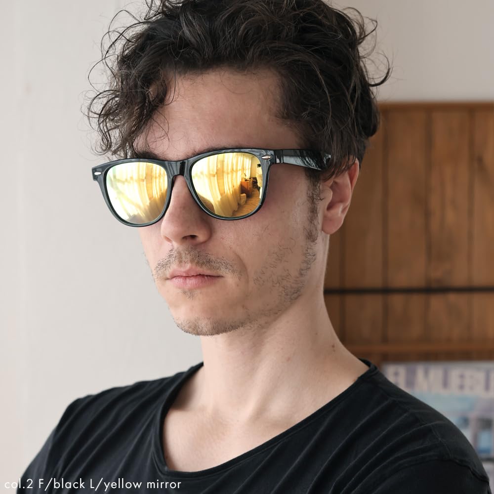 [FashionBerry] 2. Black x Yellow Mirror Sunglasses for Men, Wellington Style, 99% UV Protection, Lightweight Frame, UV Protection, Sports, Driving,