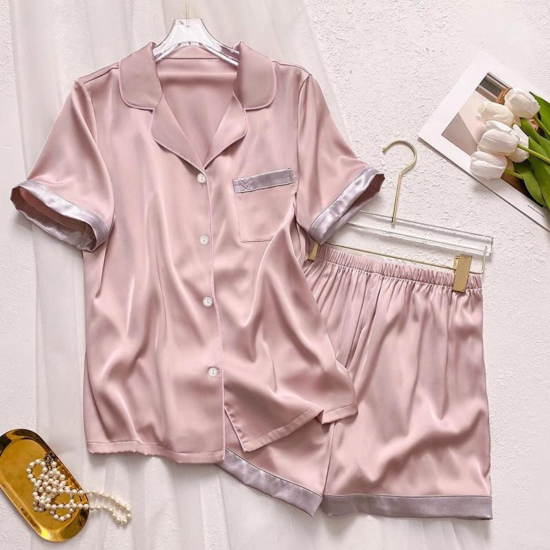 Premium Silver Powder Cartoon Ice Silk Pajamas Women'S Summer Short-Sleeved Loose And Comfortable Loungewear Set