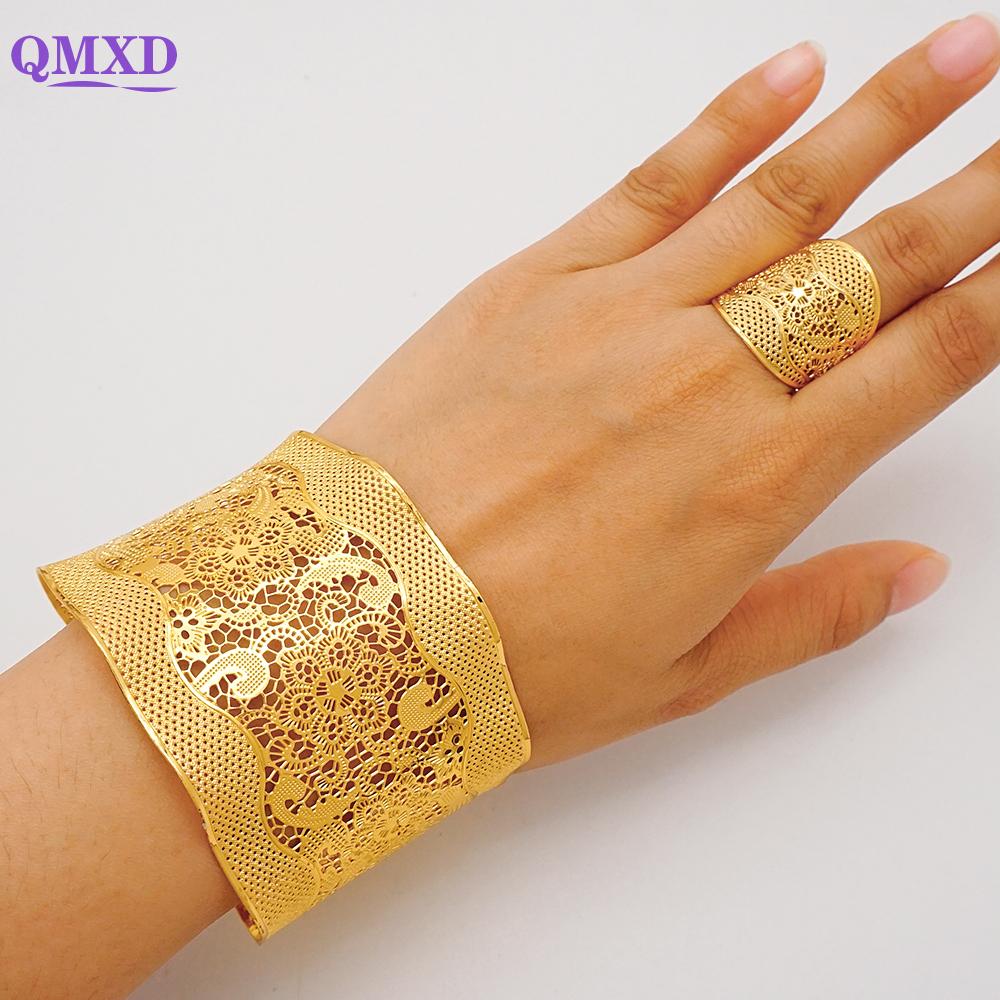 Dubai Gold Color Bangle With Ring For Women Charm Chain Cuff Bracelet Indian Bracelet Arabic France Bridal Wedding Jewelry Gifts