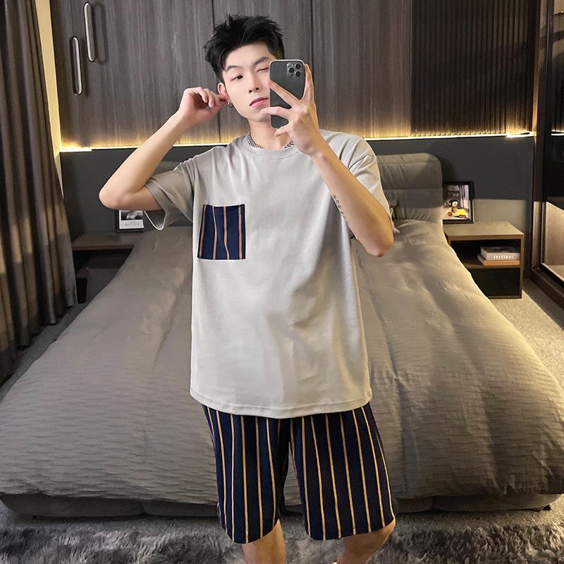 

Men s Summer Cotton Pajama Set: Solid Color Top & Striped Shorts L for 100-120 jin