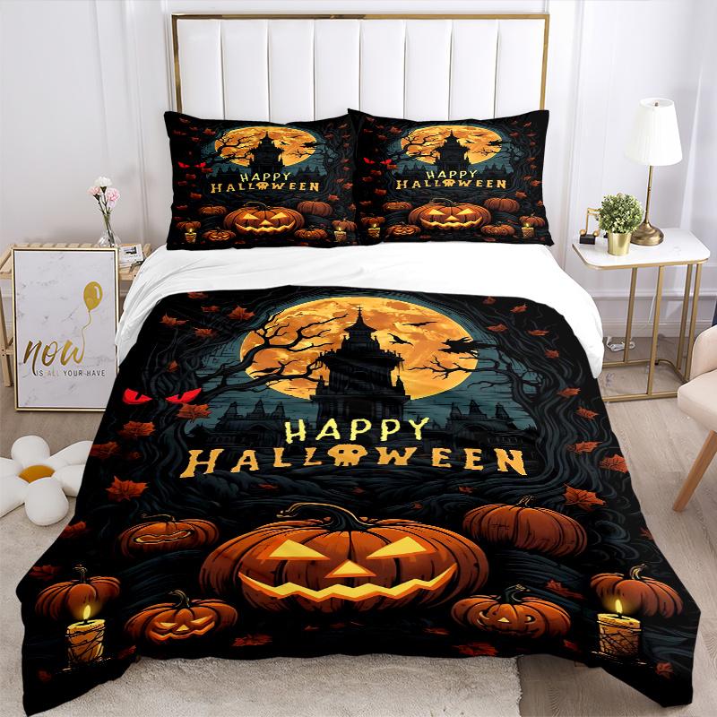 3pcs Horror Theme Happy Halloween Bedding Set - Includes Quilt Cover and Pillowcases, Suitable for All Seasons, Machine Washable - Ideal Gif