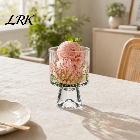 Hoher Borosilikatglasbecher Eisbecher, Blumenmuster Fußbecher Kleine Dessertschale Klar Dekoratives Trinkgefäß für Eisbecher, Pudding, Gelee, Obst,