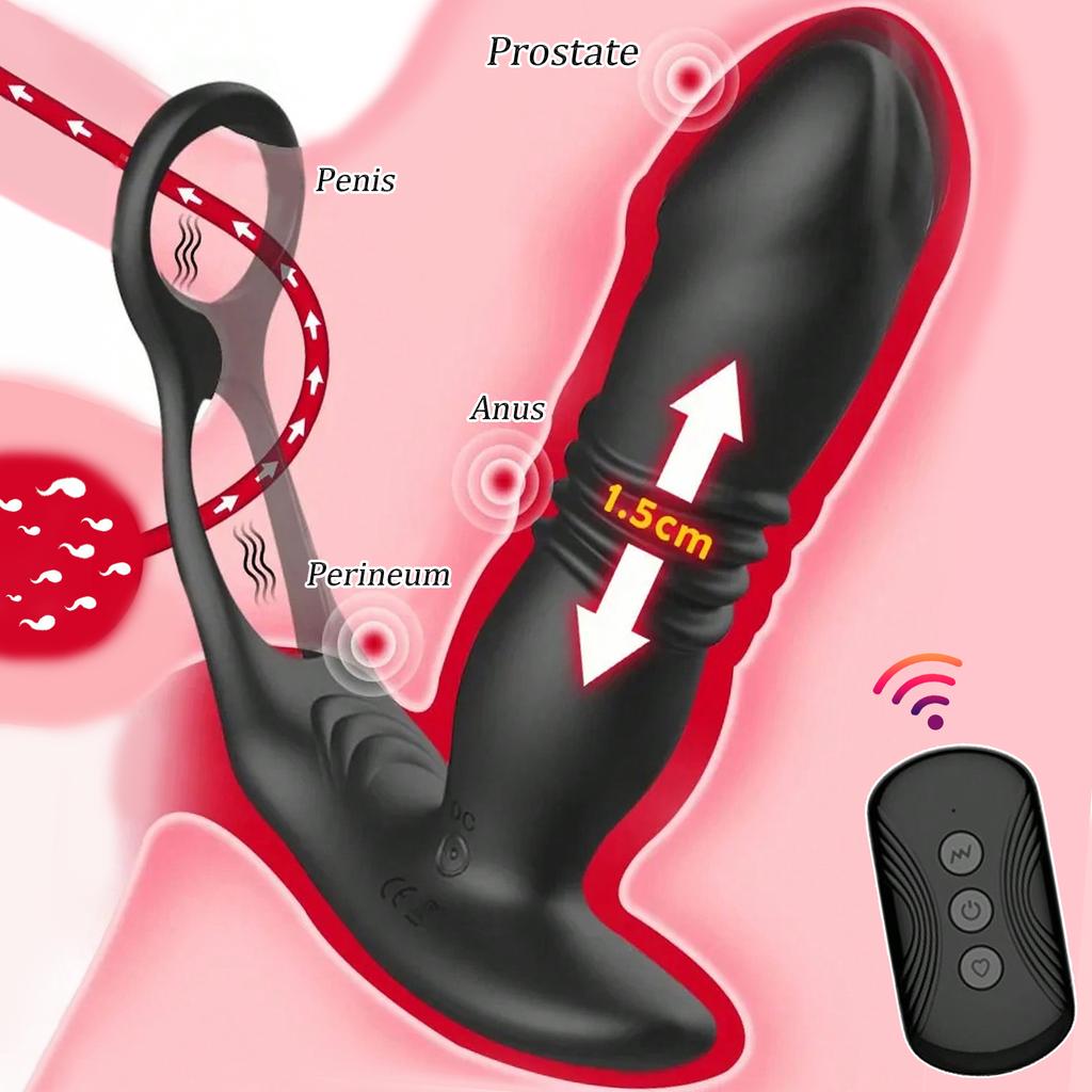 Mężczyzna wbijający masażer prostaty pilot teleskopowy korek analny wibrator analny penis Cock Ring opóźnienie wytrysku mężczyźni gejowskie Dildo Bdsm seks-zabawka geje