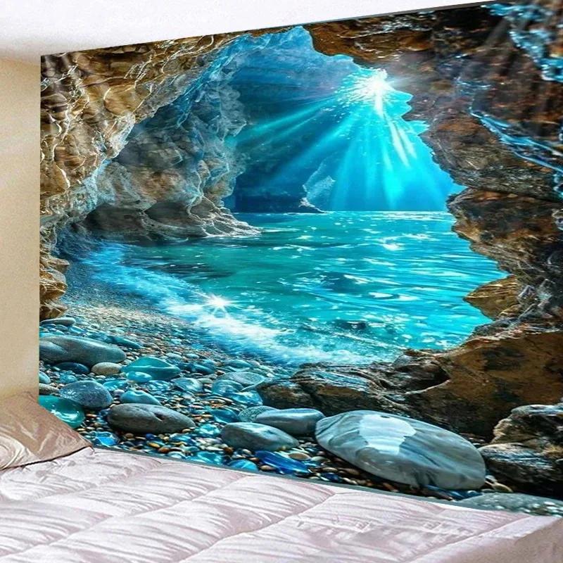 Sea Cave Tapestry, Turquoise Ocean Sunlight Stone Beach Wall Art Hanging for Bedroom Living Room Nature Backdrop 100X70CM