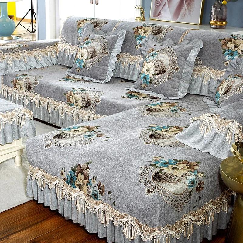 Tapete de sofá de chenille de luxo estilo europeu, tecido com flores grandes, almofada de assento antiderrapante, capa de sofá de madeira maciça de inverno com cobertura total