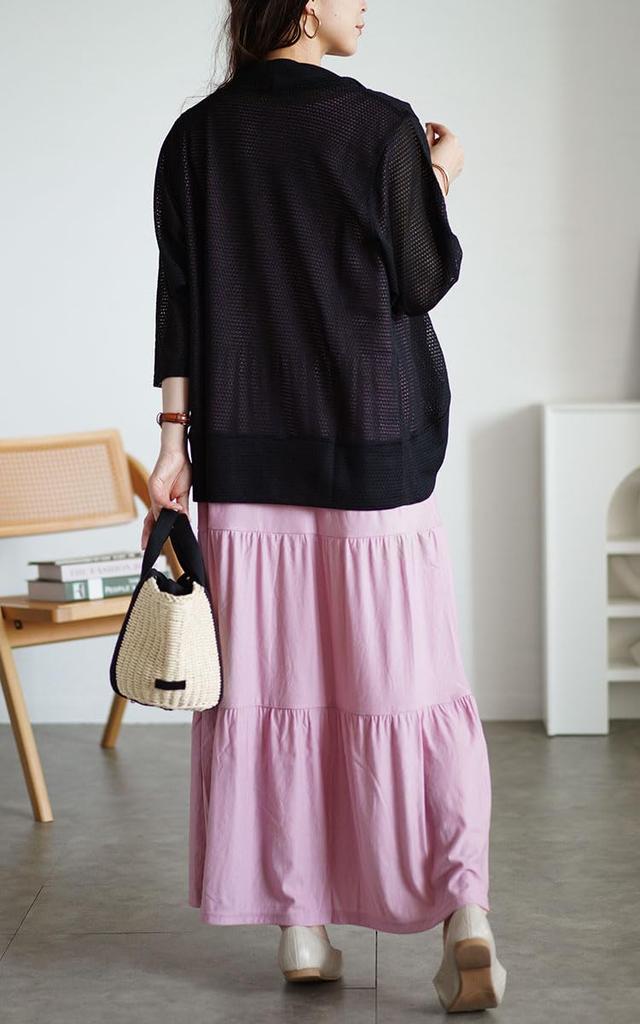 Gold Japan Übergröße Langes Kleid Set mit Bolero und Durchbruch-Strick Stufenförmig Dehnbar Perfekt für Sommer und Größe Schwarz Damenkleid, Frühling, 5L,