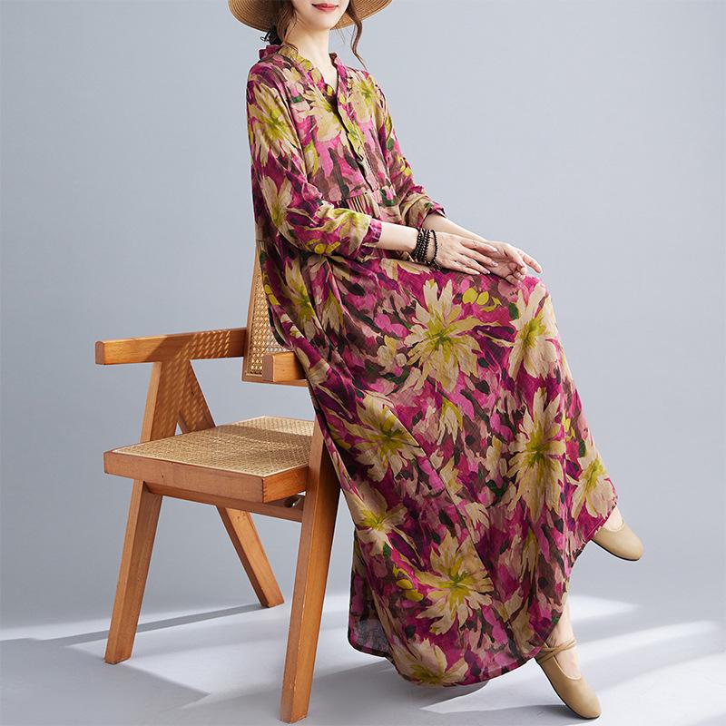 Early Autumn Bohemian Retro Cotton Linen Print Loose Sleeved Long Dress for Women Dresses