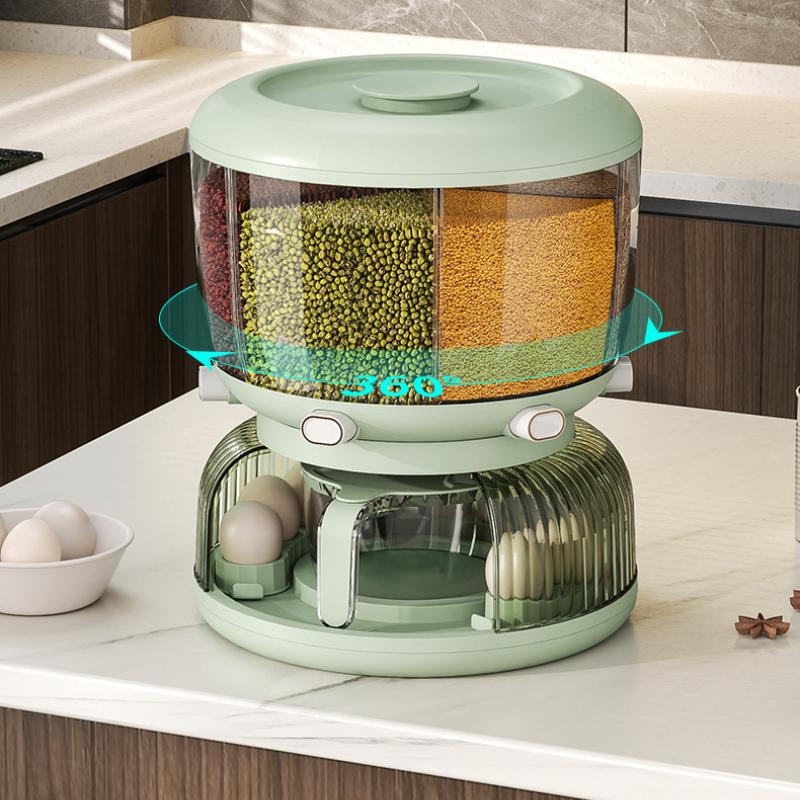 6-Grid Rotating Grain Dispenser Bulk Cereals Rice Barrels Separated Jars Sealed Insectproof Rice Tank Container Kitchen Storage