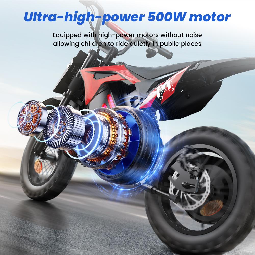A14 Dětská ELEKTRICKÁ DIRT BIKE 14 palců 500W Motor 36V5.2Ah Baterie Dojezd 20-22 km Tlumení nárazů, Bluetooth LED světla