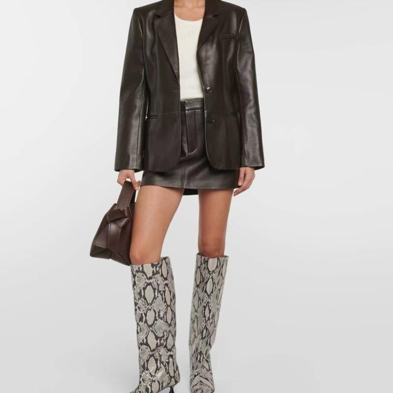 Fashion Brand Snake Pattern Low Heel Women's Knee Long Boots Fashion Stage Show Black Sexy Autumn and Winter Women's Shoes Size 34-43