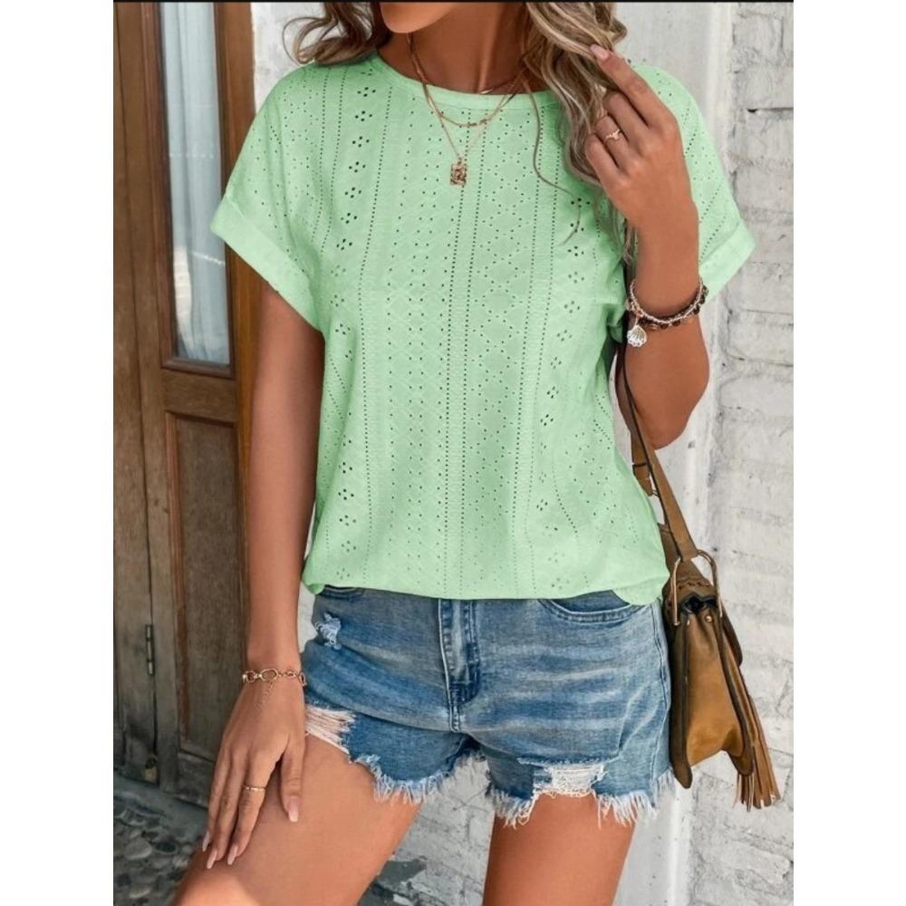 Top Eyelets Summer Spring Curved Hem, Casual Women's Short Sleeved Fashionable T-shirt Beach Vacation Short Style