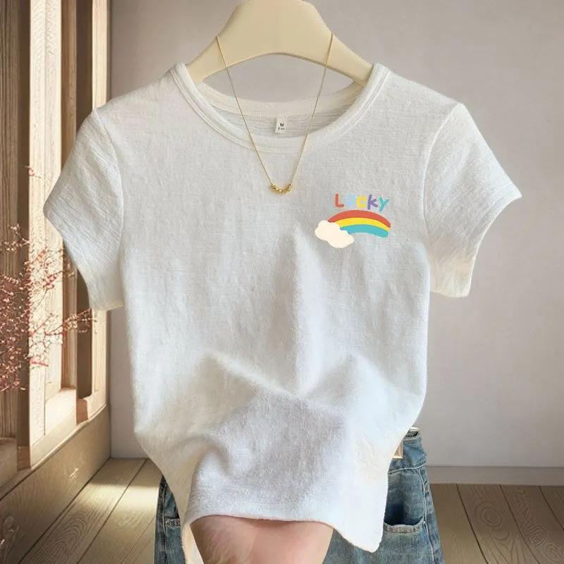 Summer Cotton Linen Round Neck Printed T-shirt Casual Short-sleeved Fashion New Style Slim Top