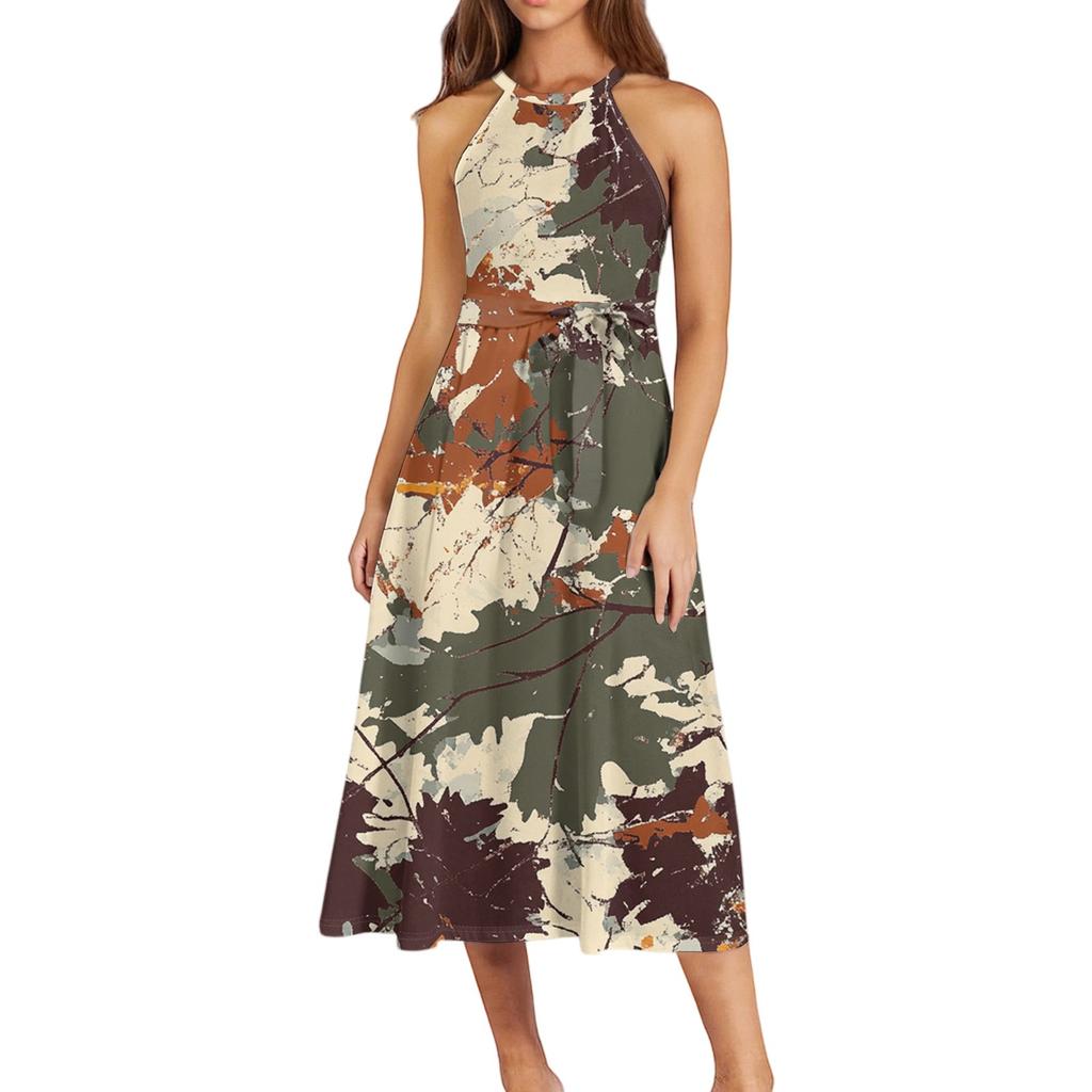 Damen Casual Rundhals Midikleid Basic Klassisch Outdoor Alltag Ärmellos Locker Boho Bindekleid Sommer Strand Sommerkleid