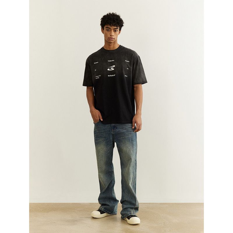 Black of Exit National Trend Washed Gradient Distressed Loose Pure Cotton Short-Sleeve American High Street Heavyweight T-Shirt for Men and Women