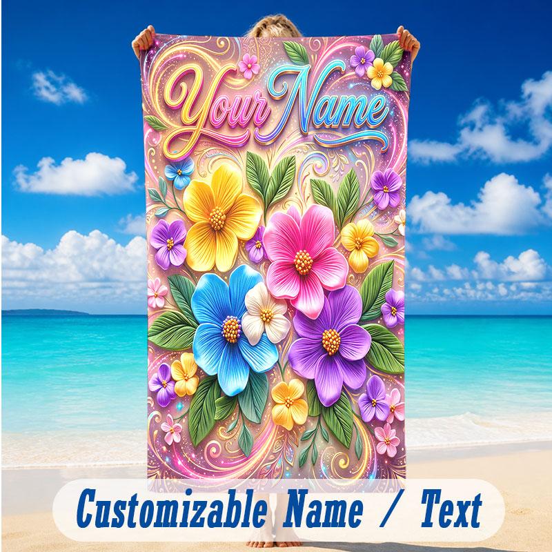 Floral Garden Theme Beach Towel Personalized Custom Name & Text Soft Quick Dry Beach Towel for Swimming Travel