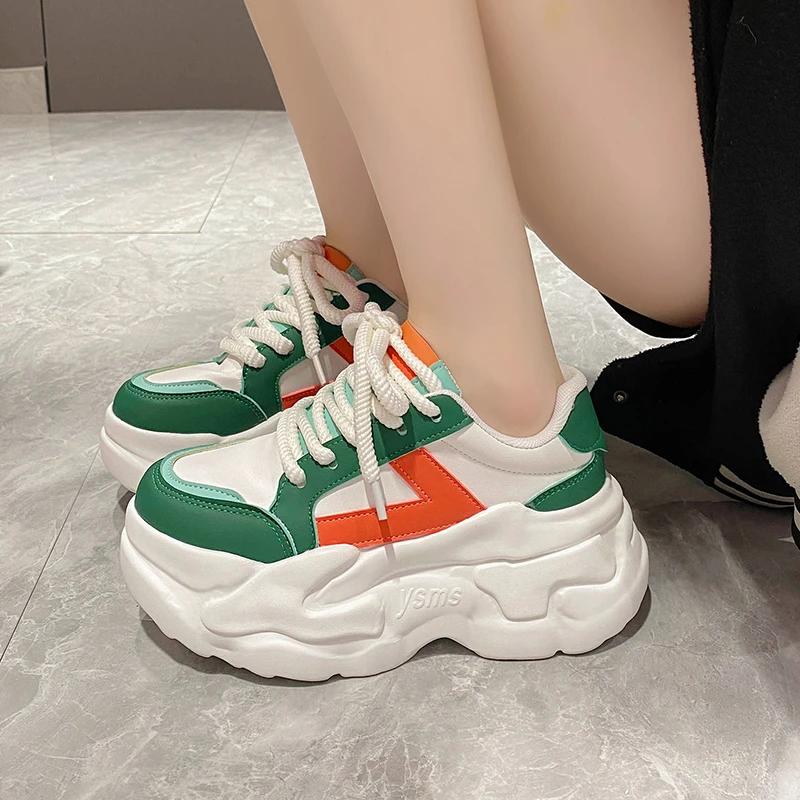 Fashion 8.5CM Wedges Leather Sneakers Women New Autumn Fashion Hidden Heels Sports Dad Shoes Thick Sole Platform Chunky Sneakers Spring