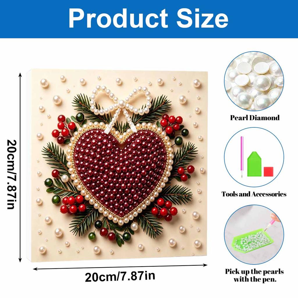 Premium Framed Pearl Art Kit with Christmas Heart Pattern 5D Sparkling Bead Canvas DIY Relaxing Craft for Home Wall Decor Gift Decoration Holiday