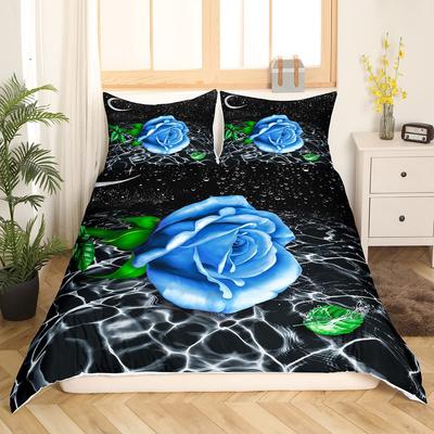 Juego de Ropa de Cama Matrimonial Rey Reina Rosa Azul Funda Nórdica Floral Romántica Funda de Colcha Flor de Ondas de Agua Abstractas Funda de Colcha de Poliéster