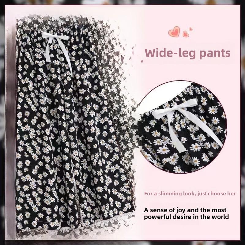 Women's Summer Loose-Fit Wide-Leg Pajama Pants - Imitation Cotton Silk, Nine-Point Length, Wear Indoors or Out