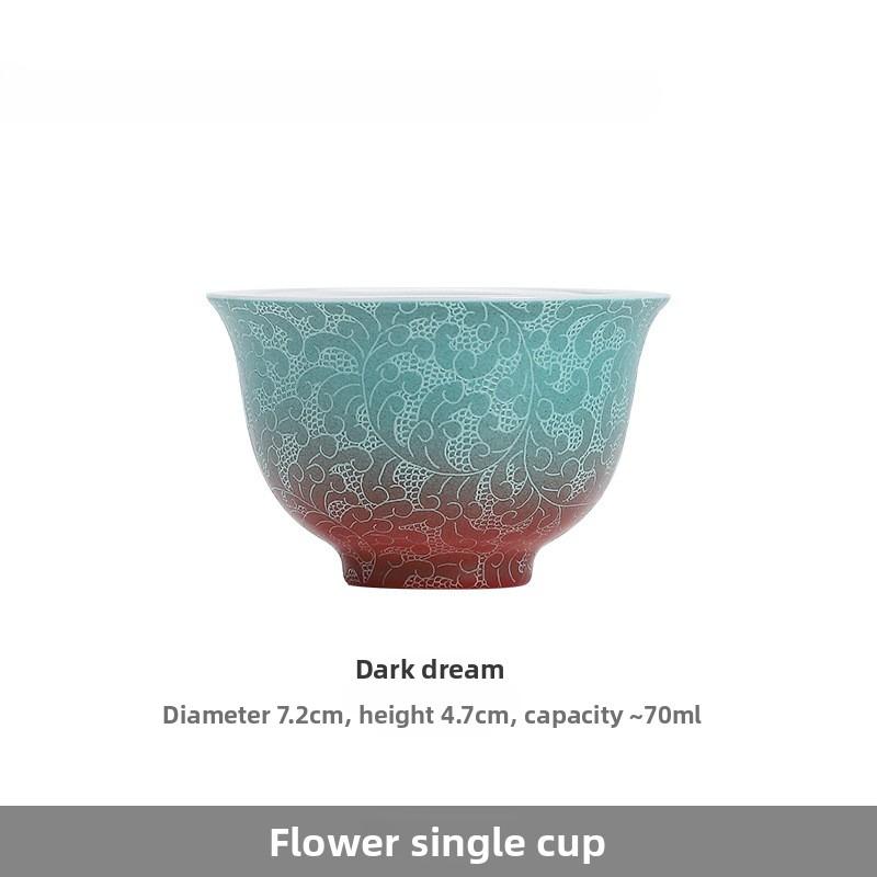 Handmade Ceramic Teacup Double Color Carved Floral Chinese Gongfu Tea Set Personal Master Cup for Tea Ceremony Festival Gift