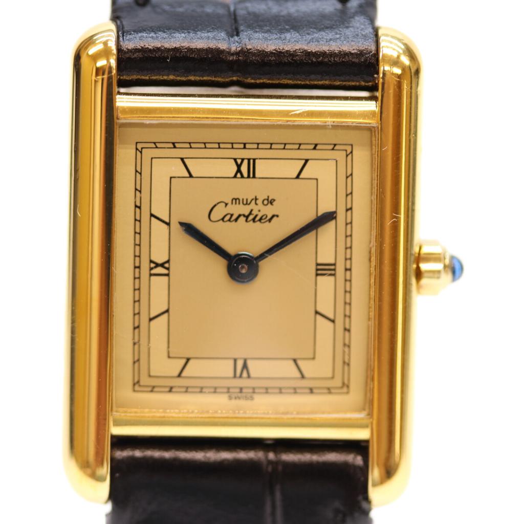 Cartier 82-95 925 Must Tank Vermeil SM Champagnerfarbenes Zifferblatt QZ Lederuhren Schwarz / Gold Gebraucht