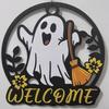 Hollow Out Welcome Wooden Wall Sign Round Ghost Hanging Plaque  Garden Yard Decor