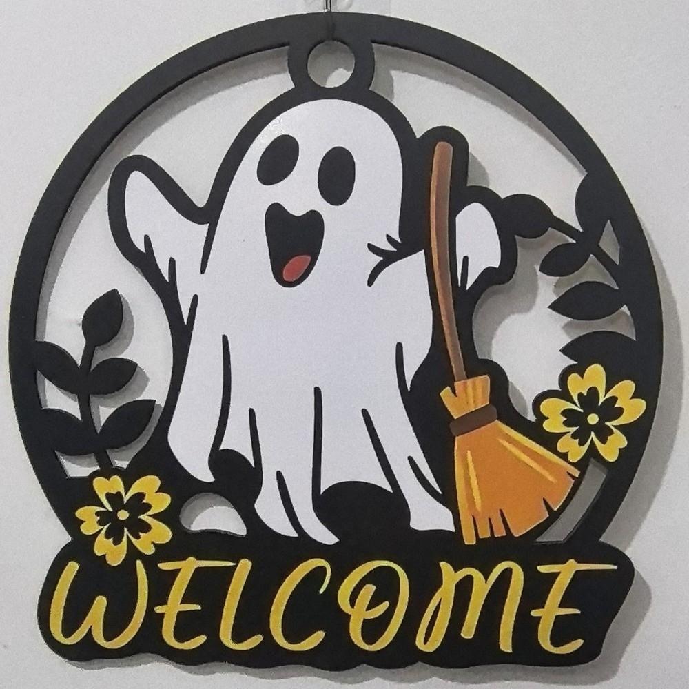 Hollow Out Welcome Wooden Wall Sign Round Ghost Hanging Plaque  Garden Yard Decor