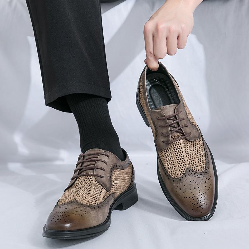 Summer Men Business Dress Shoes Pointed Mesh Breathable Casual Leather Shoes Lace Up Business Block Shoes Sizes 38-46 Men Shoes