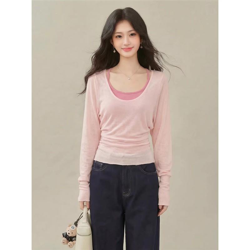 Womens 2-Piece Set: Soft V-Neck Long Sleeve Top Tank Loose Fit Thin Breathable Casual Daily Wear