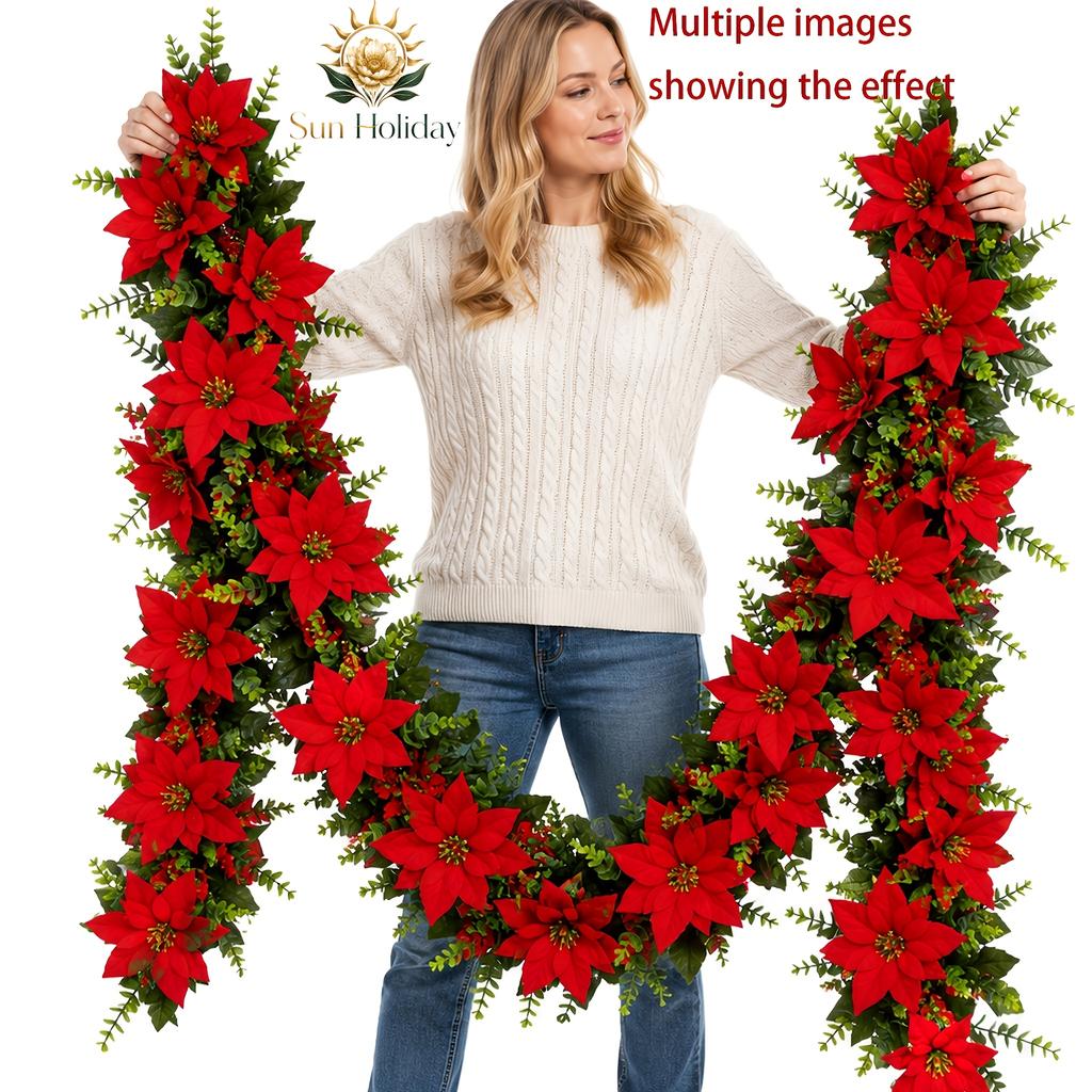 1pcs Christmas Artificial Beautiful Eucalyptus Red Poinsettia Rattan Decor - Realistic Faux Flowers, Suitable for Indoor/Outdoor Use