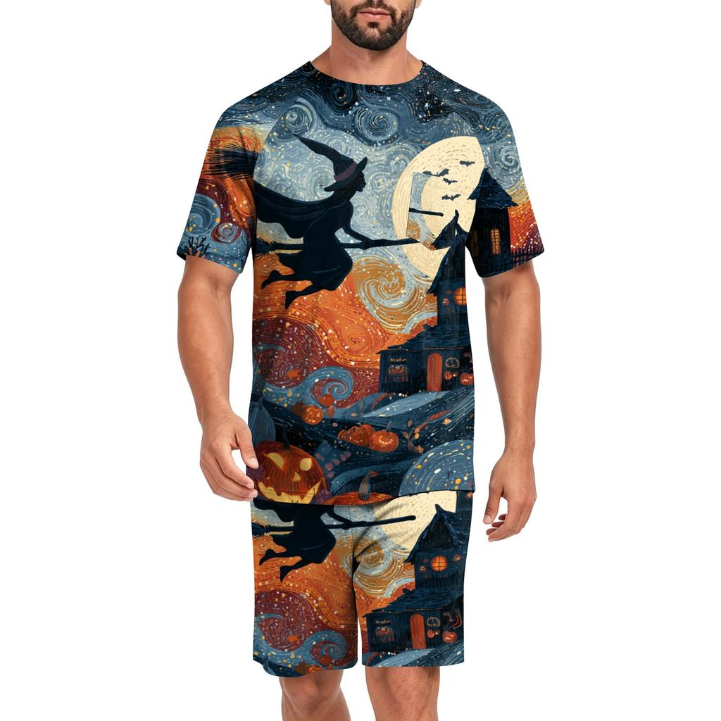 Men's Halloween Casual Pajama Set Short Sleeve Top and Shorts Lightweight Comfortable Sleepwear Set for Home and Lounge