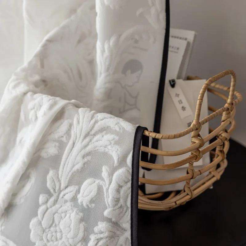 Franse Zwarte Rand Driedimensionaal Relief Geborduurde Transparante Gordijnen voor Woonkamer Slaapkamer Eetkamer Verduisterend Wit Tule 1 PC W70cmxH250cm&Rod pocket
