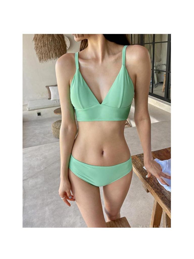 2024 Korean Style Solid Color V-Neck Bikini - Sexy, Gathered, Split Triangle Swimsuit for Women