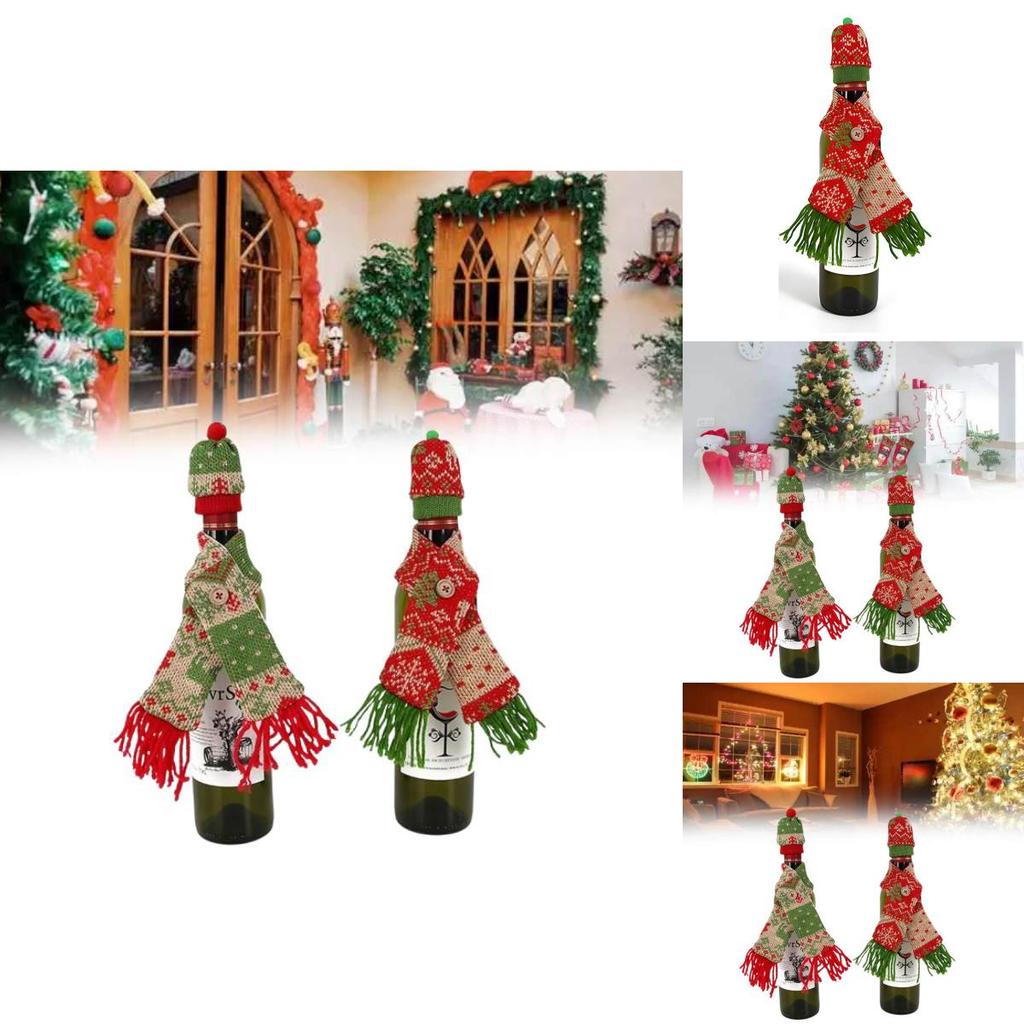 Christmas Wine Bottle Decor Set With Knitted Scarf And Hat For Holiday Celebration