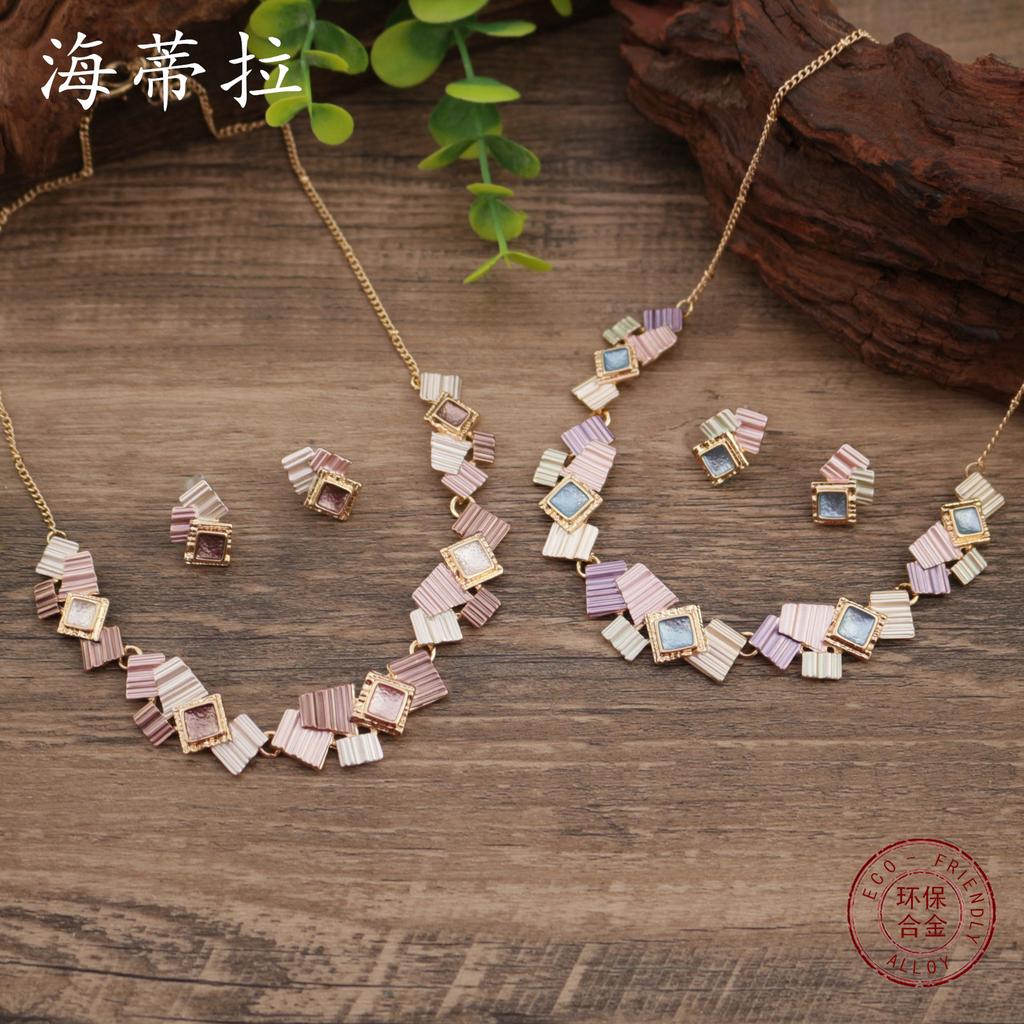 New Color Painting Oil Geometric Square Stud Earrings Necklace Set, Personalized Women's Square Neck Chain