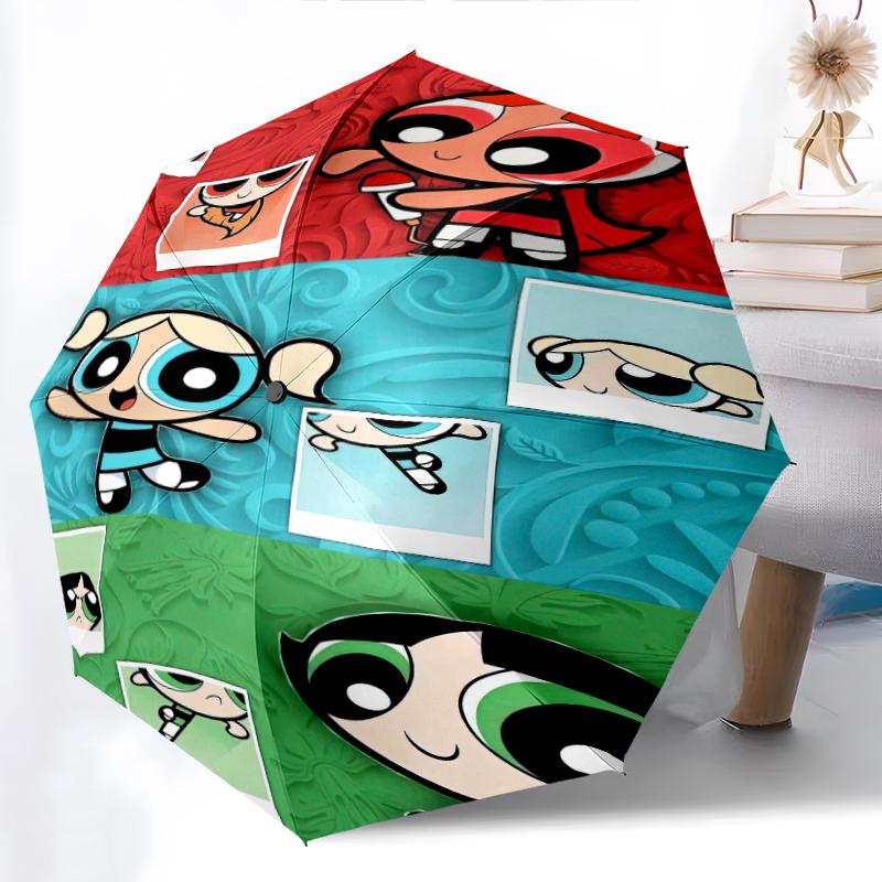 

1pc The Powerpuff Girls pattern Umbrella Portable Folding Umbrella Iron Frame Hole Bone Structure Outdoor Home Umbrella