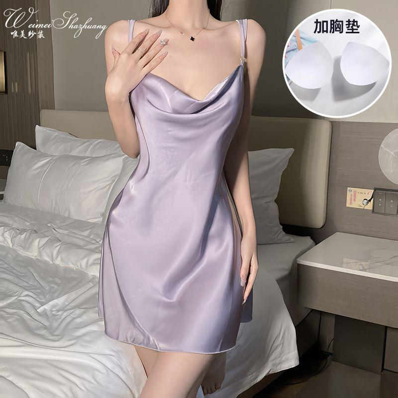 

Beautiful Pile V-neck soft slim and thin pure desire butterfly backless sexy satin women s home furnishing suit One size fits all світло-фіолетового кольору