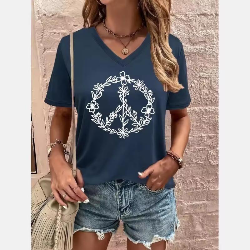 Sommer V-Ausschnitt Damen T-Shirt Friedenssymbol 3D-Druck Lässig Kurzarm Oversized Damenbekleidung Mode Straße Damen T-Shirts