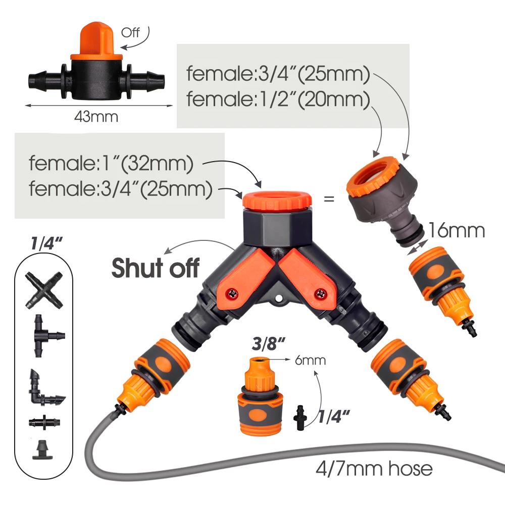 50-5m 1/4" Garden Drip Micro Irrigation 8-hole Adjustable Drippers with Stake 4/7mm Adapter PVC Tubing Automatic Watering System