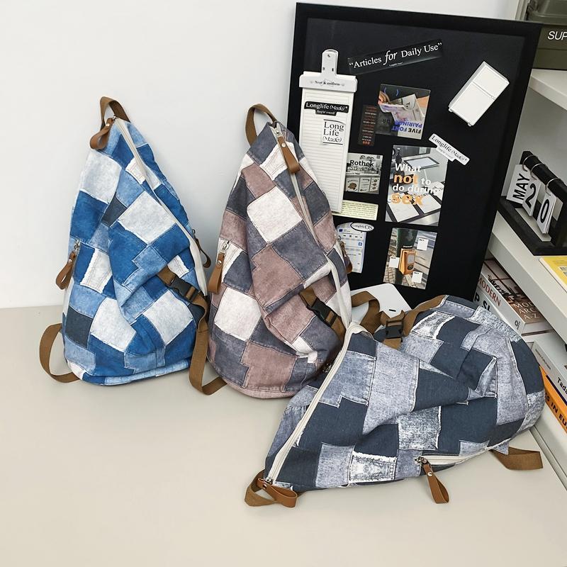 Denim Color Block Dámský batoh Pánské kostkované batohy Velkokapacitní taška přes rameno Studentská školní taška