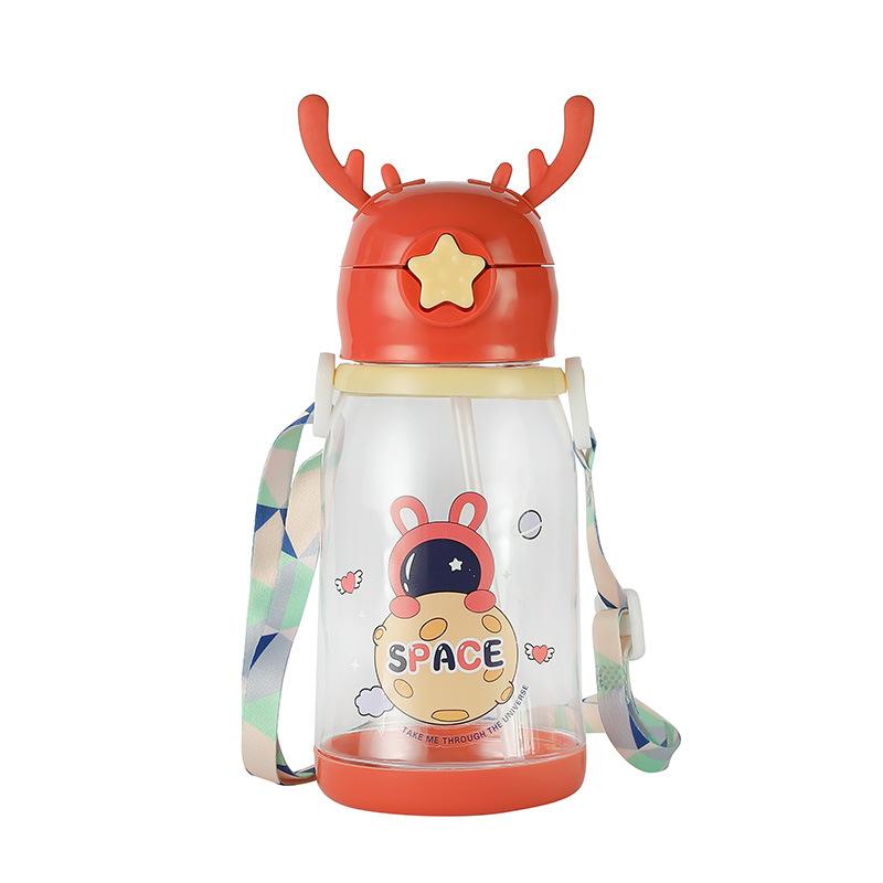 Cartoon Reindeer Antler Plastic Cup With Handle And Straw Large Capacity Student Gift Water Bottle For Kids KTY