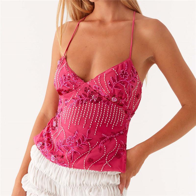 

Summer Women Y2k Sequin Halter Crop Tops Pearl Embellished Cami Tops Summer Glitter V Neck Rhinestone Camisole Tank Shirt M рожевий червоний колір
