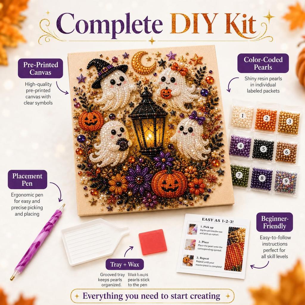 Halloween Ghost 3D Pearl Art DIY Kit - Spooky-Cute Mosaic Painting Canvas Craft Pumpkin Design with Sparkling Beads Halloween Home Decor Activity