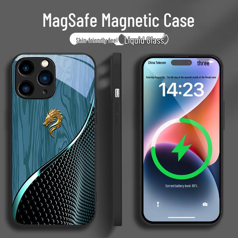 IPhone Hülle: Holzmaserung im chinesischen Stil mit Drachenmotiv, magnetisch, kompatibel mit Modellen 12-16