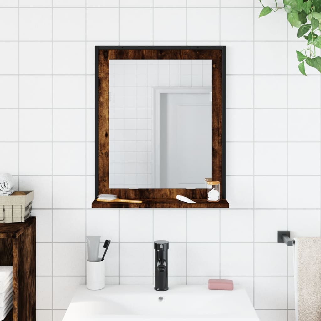 Badezimmerspiegel Mit Regal, Wandspiegel Für Das Badezimmer, Duschspiegel, Rauch-Eiche 50x12x60 Cm Holzwerkstoff