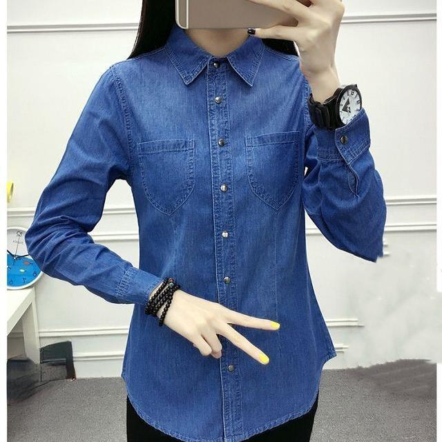 Damen Frühling und Herbst Langarm Jeanshemd Studenten College Wind Design Slim Shirt